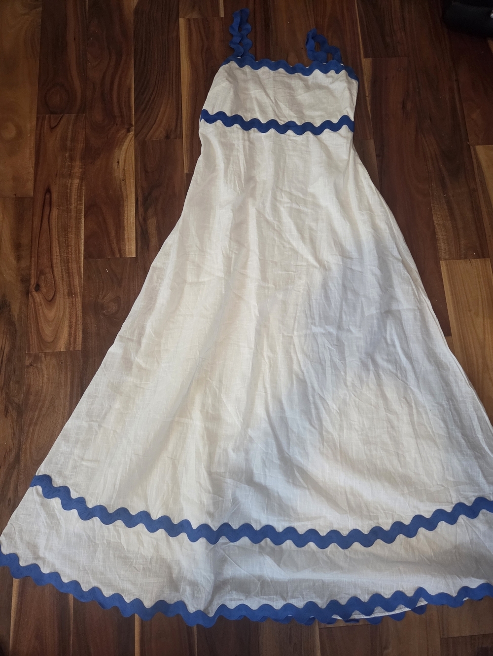 White Maxi Sundress with Blue Rickrack Trim